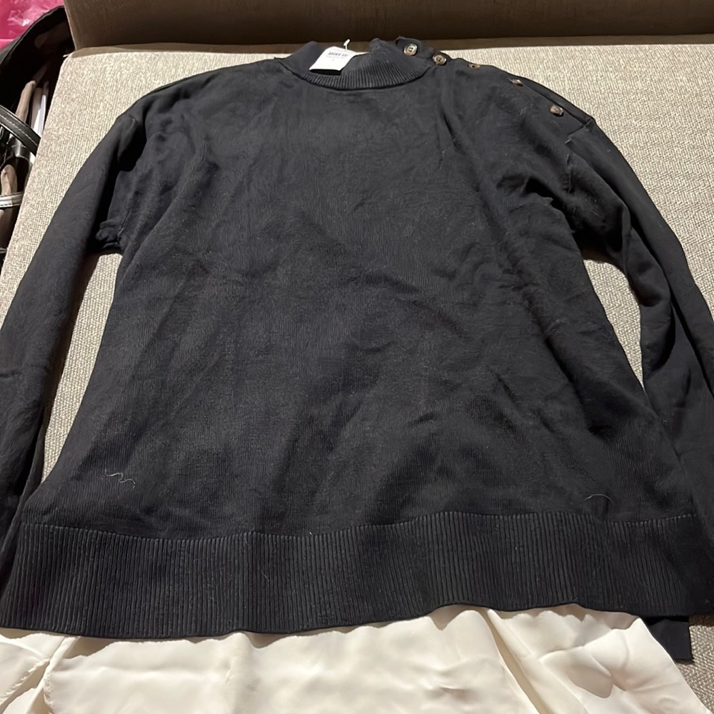 Ann Taylor NWT black sweater with mock neck button top white blouse trim